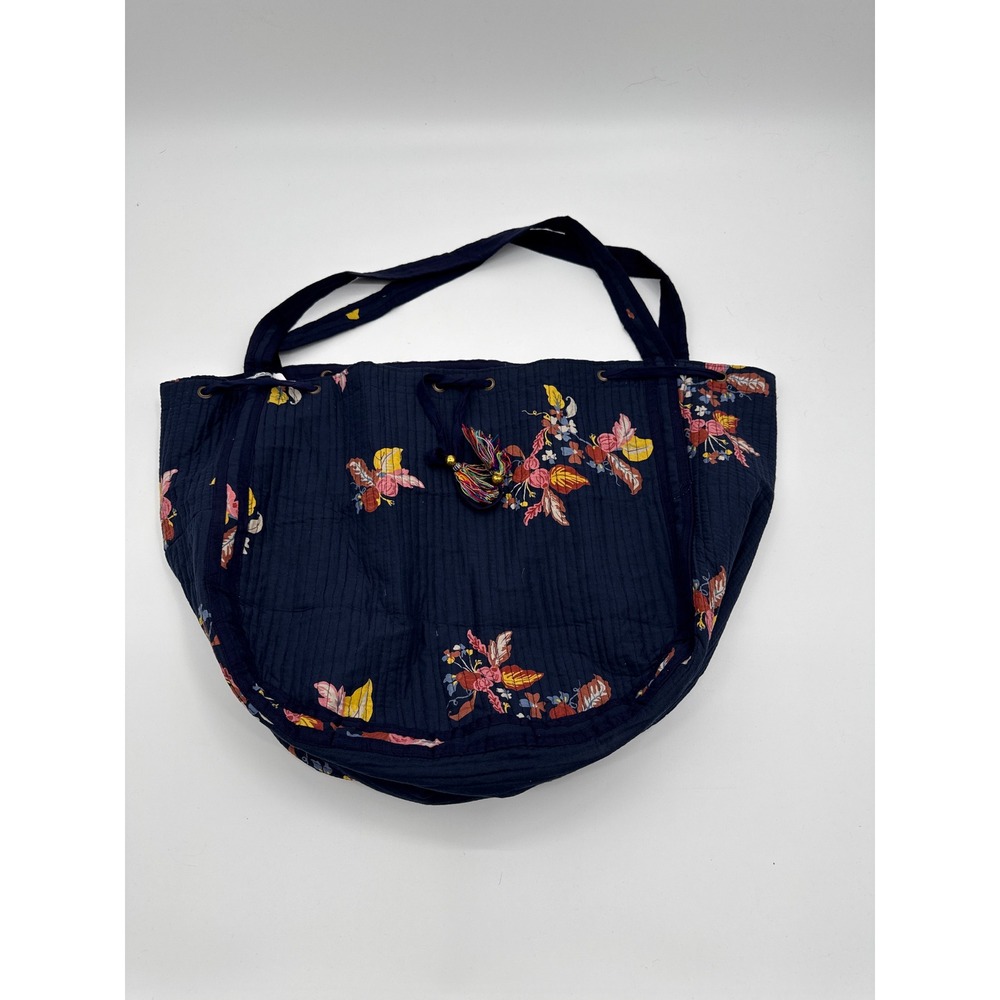 Karma Highway Navy Floral Quilted Viscose Tote Bag Oversized Tassel Drawstring